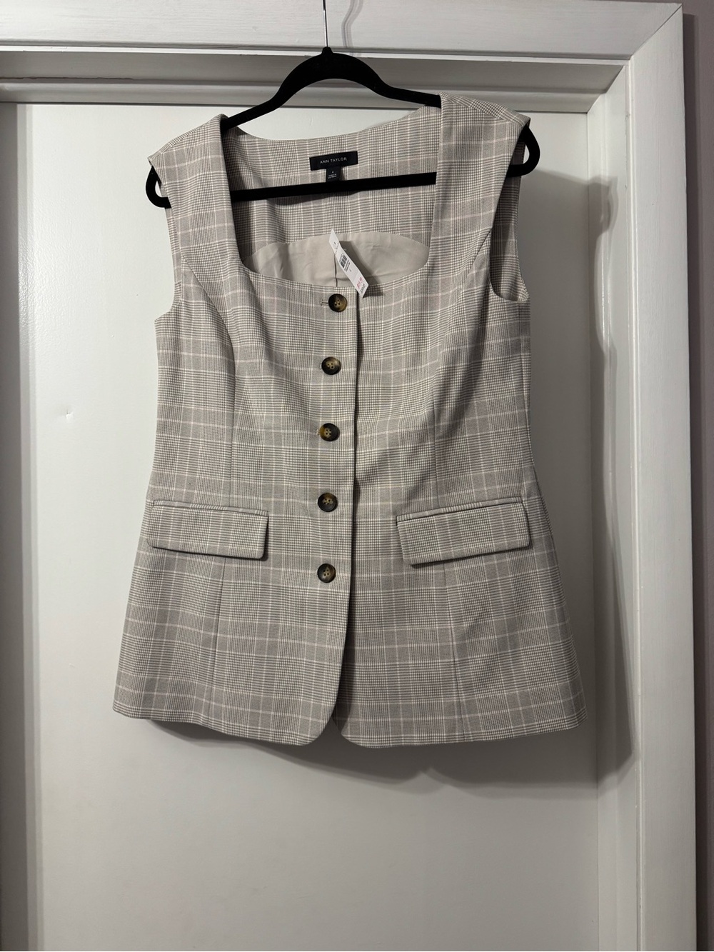 Ann Taylor Tan/Cream Plaid Sleeveless Blazer Vest